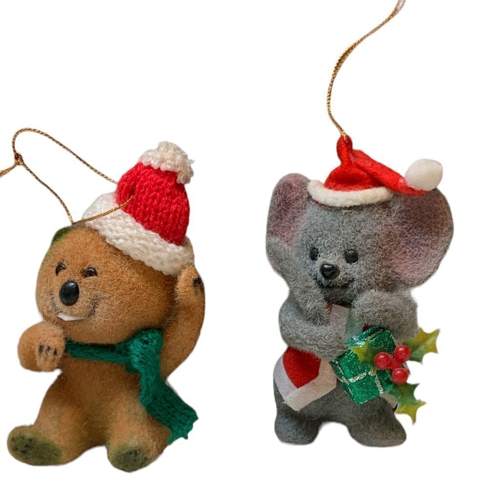 Two VTG Morgan Inc Flocked Christmas Ornaments Bucky Beaver & Twinkle Mouse 107E